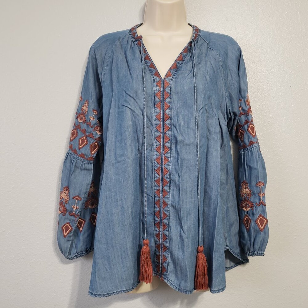 Altar'd State Womens M Embroidered Chambray Boho Tunic Top Blue Long Tassels - Picture 15 of 15